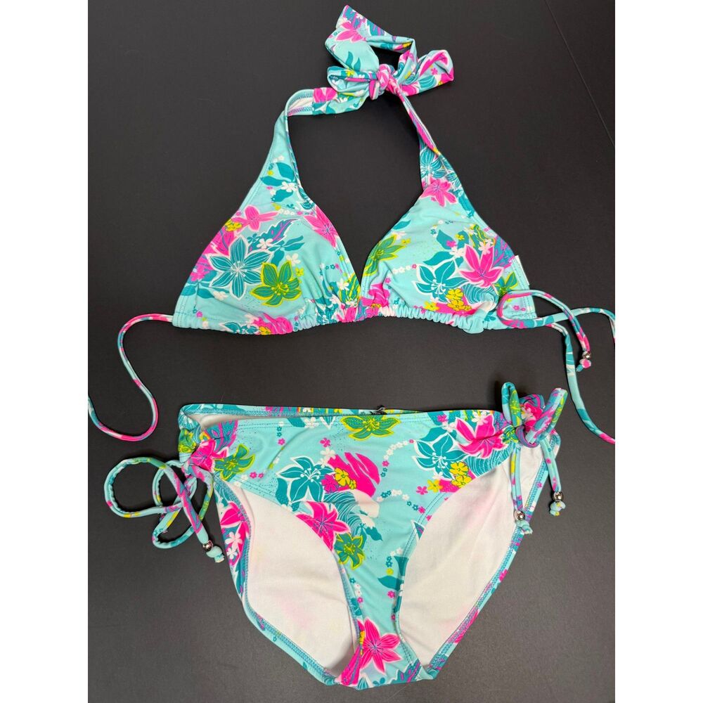 Ingear Women's Size M Aqua Floral Halter Two-Piece Bikini Set Tie Side Swimwear - Picture 3 of 7